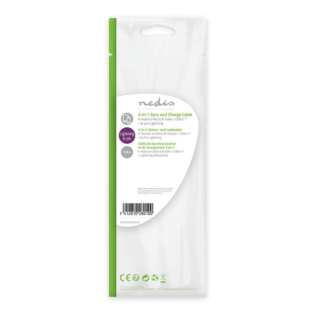 Nedis CCGP60620BK10 Synchronisation 3-en-1 Synchronisation et câble de charge USB-A Me Micale B mâle Typ-C mâle Lightning 8 broches mâle 1,0 m noir