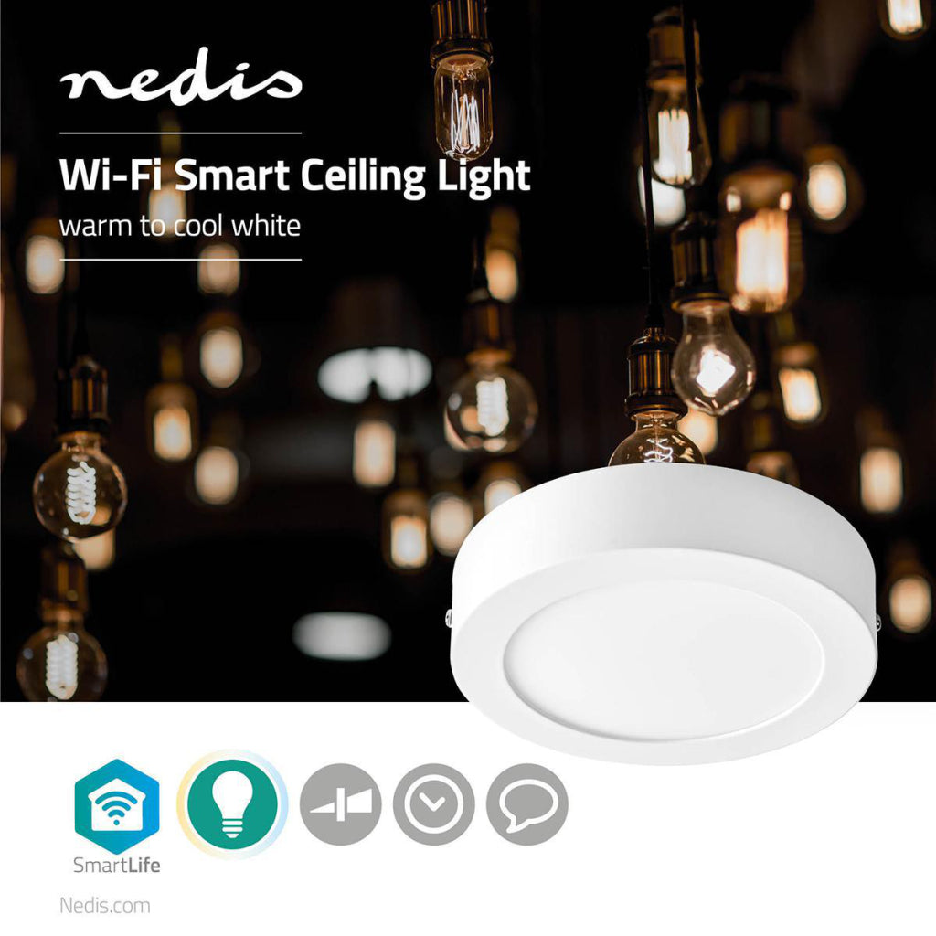 Nedis WiFilaw10wt Wi-Fi Plafond Lampe Round Diamètre 17 cm Chauffle à frais blanc 800 lm 12 W Slim Design aluminium