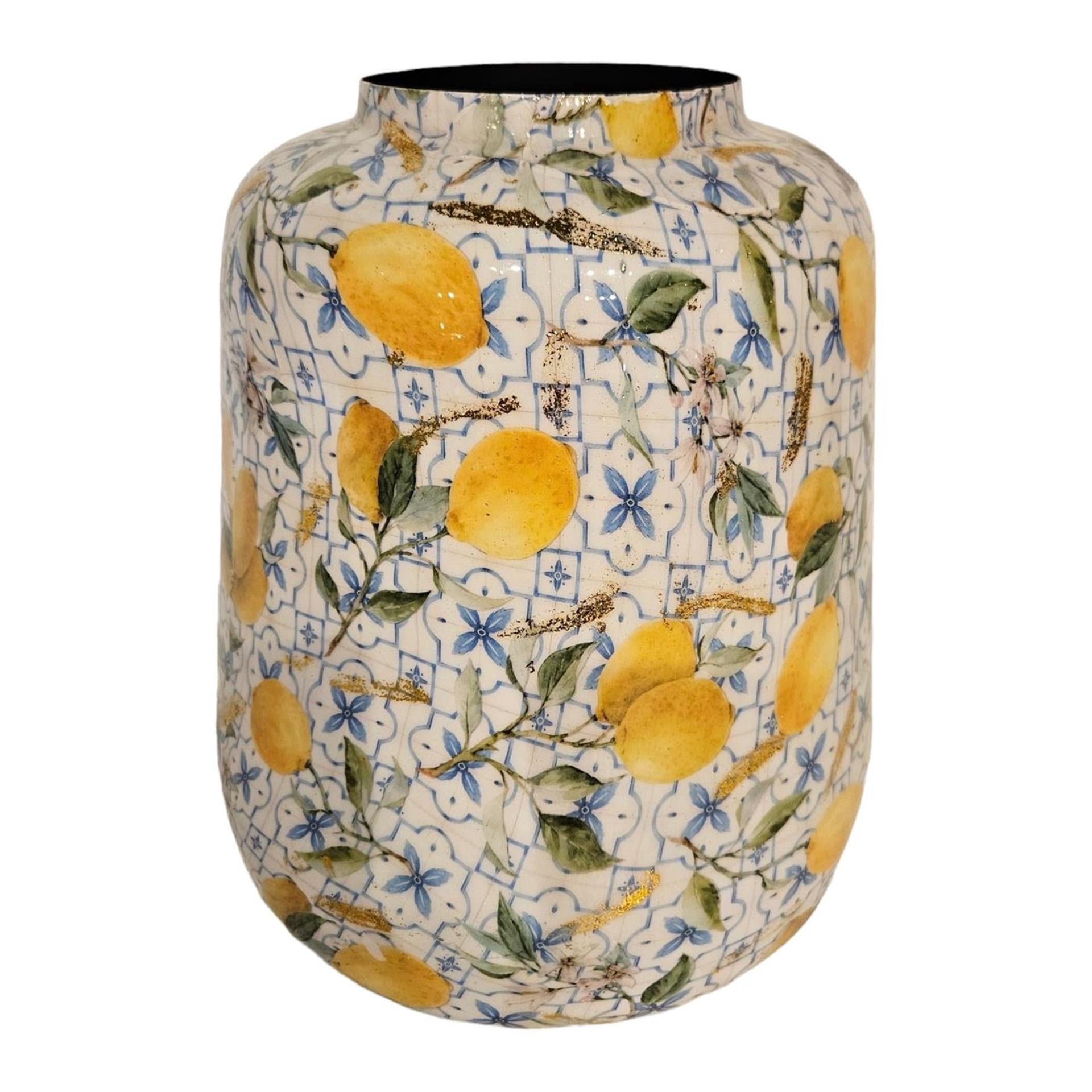 Vase ambiance Manoir métal citrons 21x21x25cm