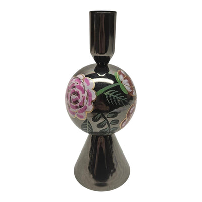 Bougeoir ambiance manoir chrysanthème noir 7,5x7,5x18,5cm