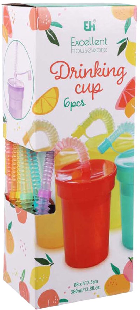 Gobelets colorés avec paille, 6 pcs.