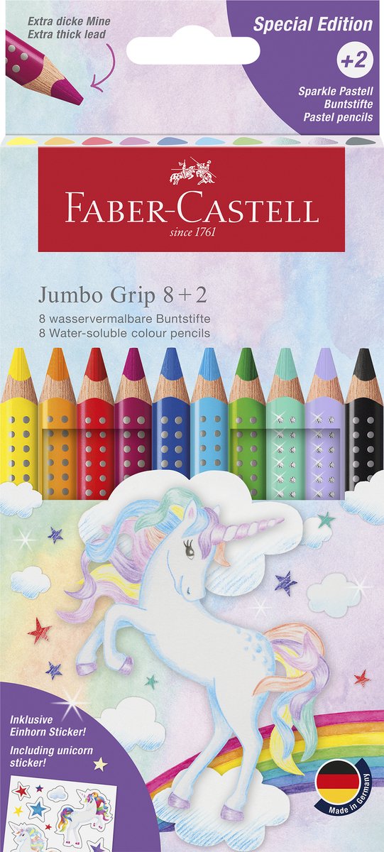 Crayons de couleur Faber-castell - licorne jumbo grip - 10 couleurs incl. feuille d'autocollants - fc-110923