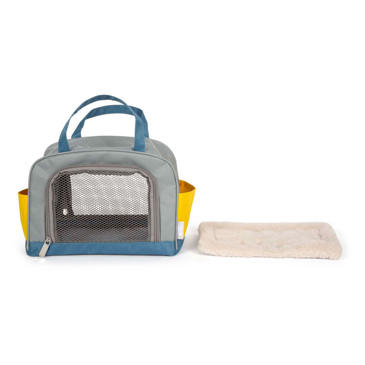 Petit chien de câlins avec un sac de transport et un ensemble de soins
