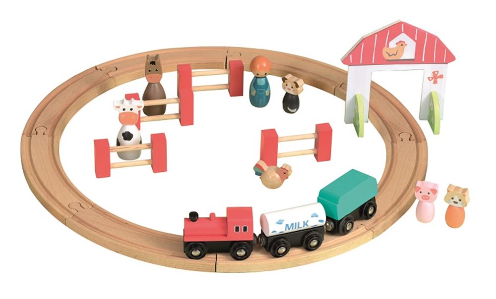 Voie ferrée en bois avec train et figurines.