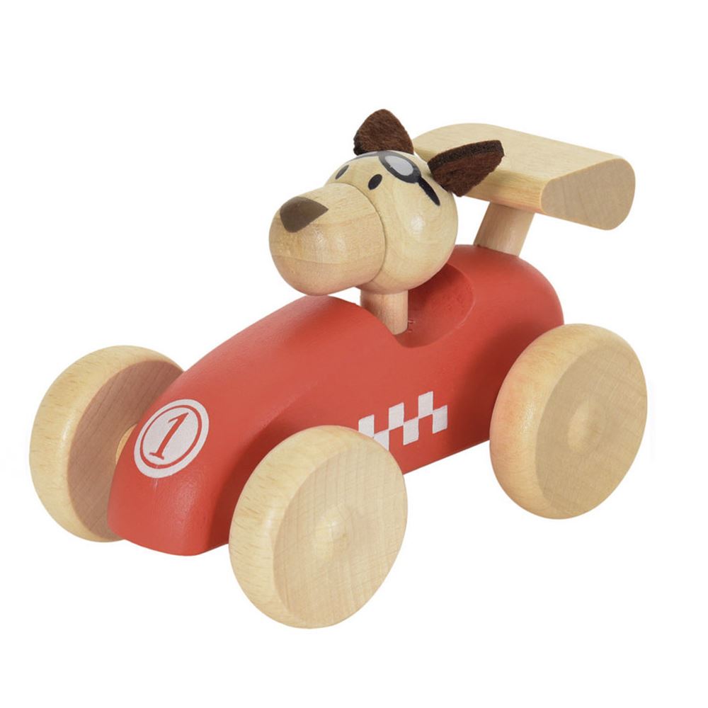 Voiture de course en bois Egmont avec chien. 12x7x7