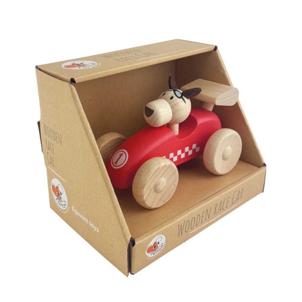Voiture de course en bois Egmont avec chien. 12x7x7