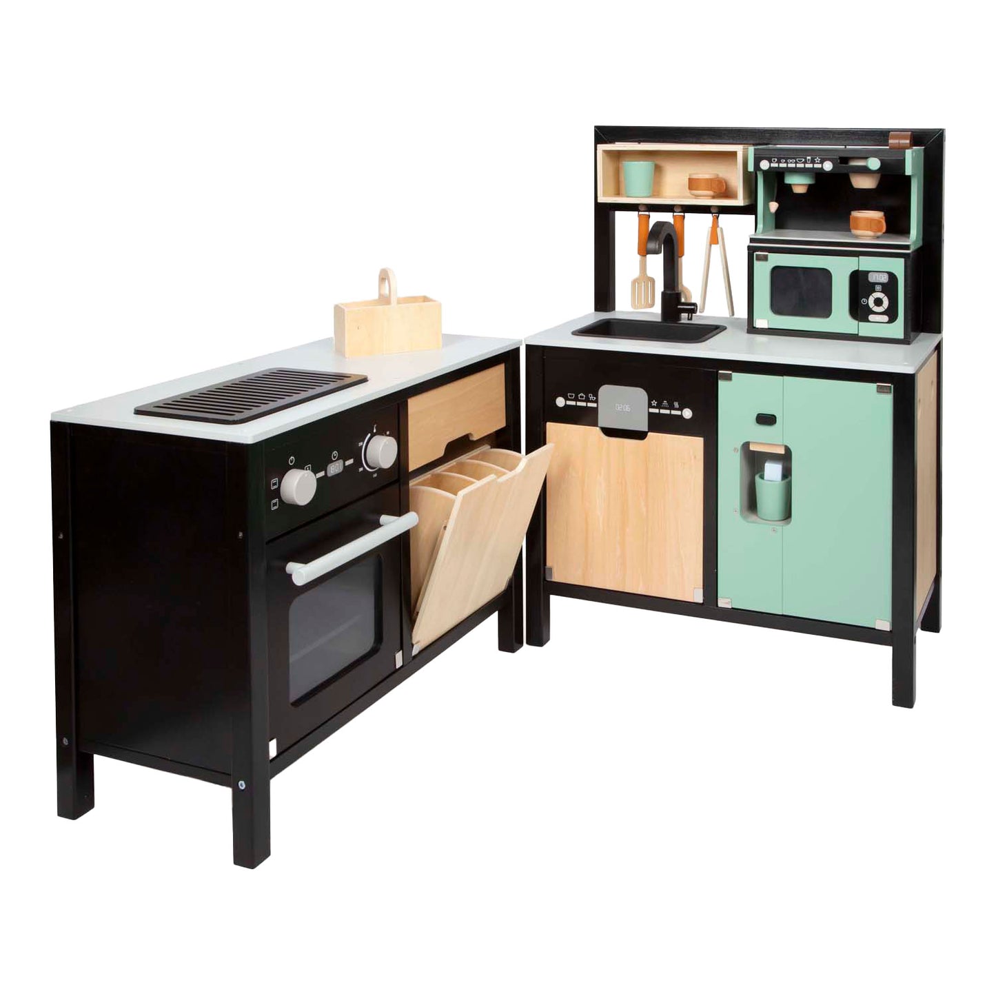 Petite cuisine industrielle en bois avec îlot de cuisine, 18dlg.