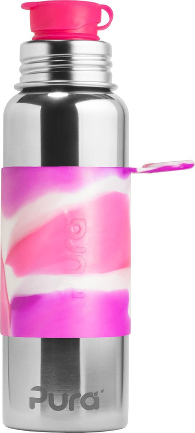 Gourde de sport Pura 850 ml - gourde - gourde - sans plastique - ne rouille pas - passe au lave-vaisselle - avec manchon de sport et bouchon de sport - dessus interchangeable - polyvalent - tourbillon rose