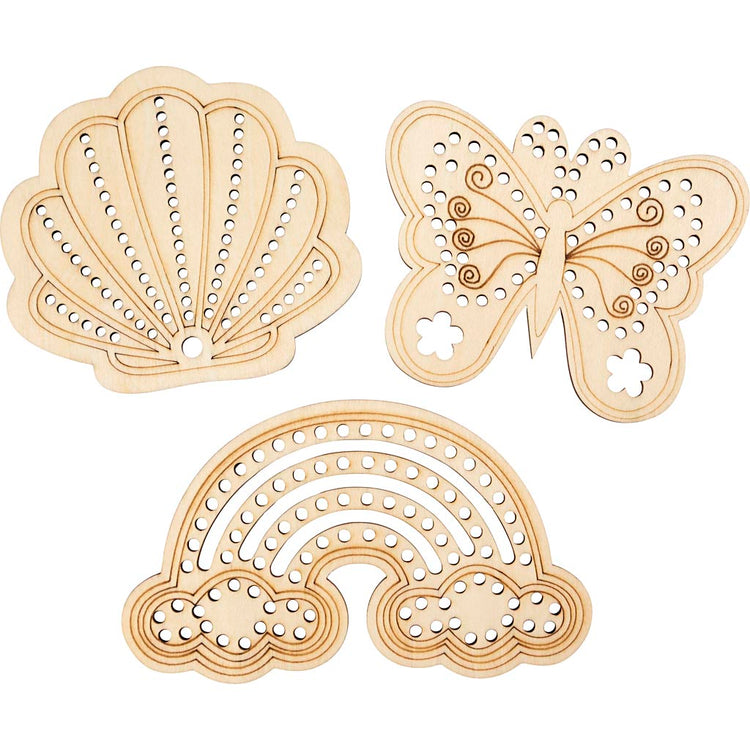 Creativ company Forme en bois avec trous, arc-en-ciel, coquillage, papillon, taille 7,5-13 cm, 6 pièces 1 boîte