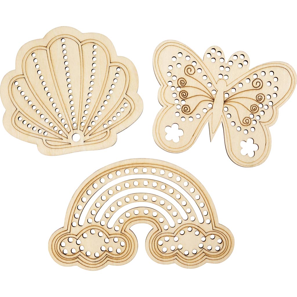 Creativ company Forme en bois avec trous, arc-en-ciel, coquillage, papillon, taille 7,5-13 cm, 24 pièces 1 boîte
