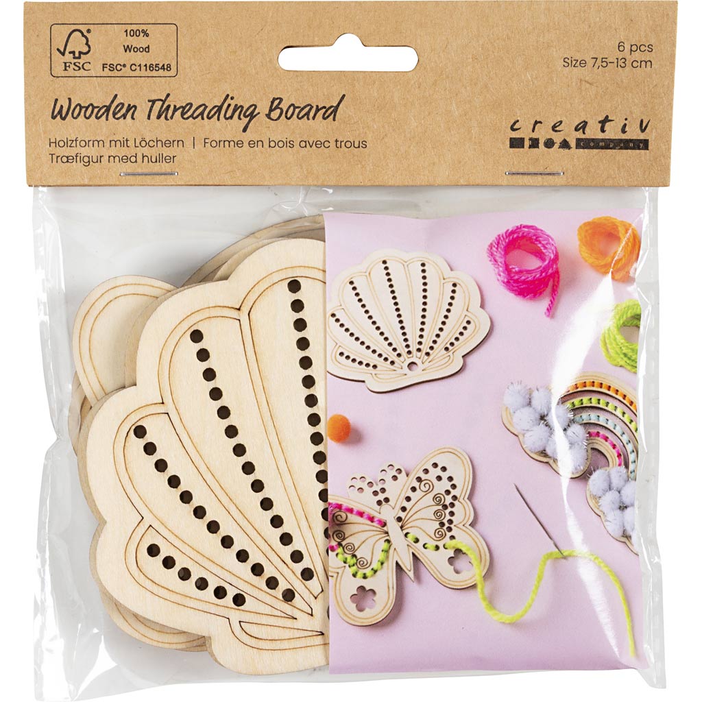 Creativ company Forme en bois avec trous, arc-en-ciel, coquillage, papillon, taille 7,5-13 cm, 6 pièces 1 boîte
