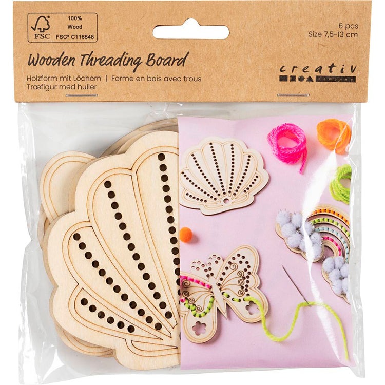 Creativ company Forme en bois avec trous, arc-en-ciel, coquillage, papillon, taille 7,5-13 cm, 6 pièces 1 boîte