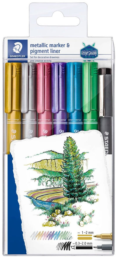 Stylo métallique Staedtler Design Journey - coffret promotionnel 6 couleurs + liner pigmenté gratuit
