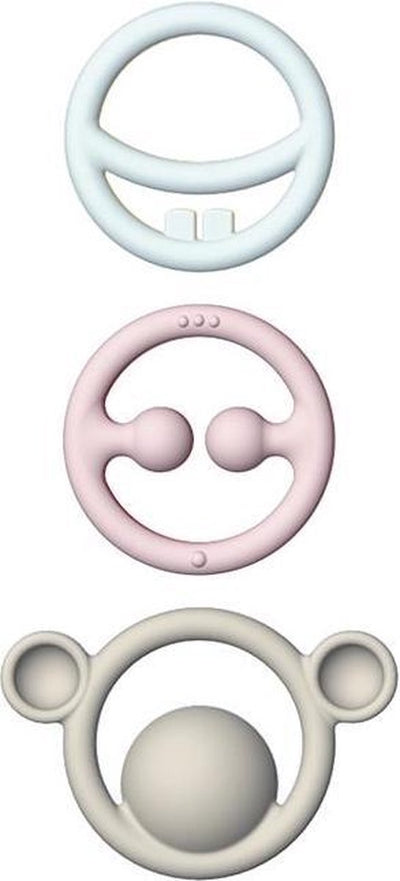 Moluk nigi, nagi nogi set couleurs pastel, lot de 3 anneaux de dentition tactiles de différentes couleurs, en caoutchouc silicone, en boîte 12,5x2x25,8cm, 0+