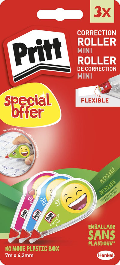 Pritt Emoji Roller Value Pack 4,2 mm x 7 m carte blister | 4 rouleaux de correction emoji | rouleau de correction d'école de bureau.