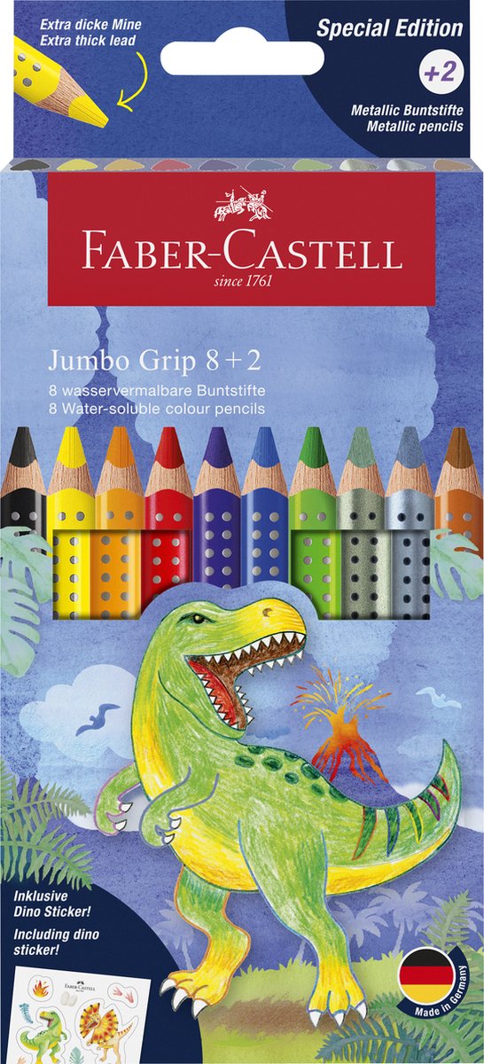 Crayons de couleur Faber-castell - jumbo grip dino - 8 colourgrip + 2 grip métallique - avec autocollants - fc-110922
