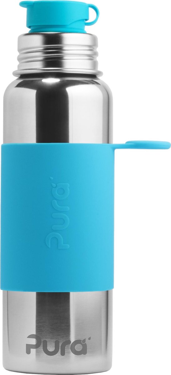 Gourde de sport Pura 850 ml - gourde - gourde - sans plastique - ne rouille pas - passe au lave-vaisselle - avec manchon de sport et bouchon de sport - dessus interchangeable - polyvalent - aqua