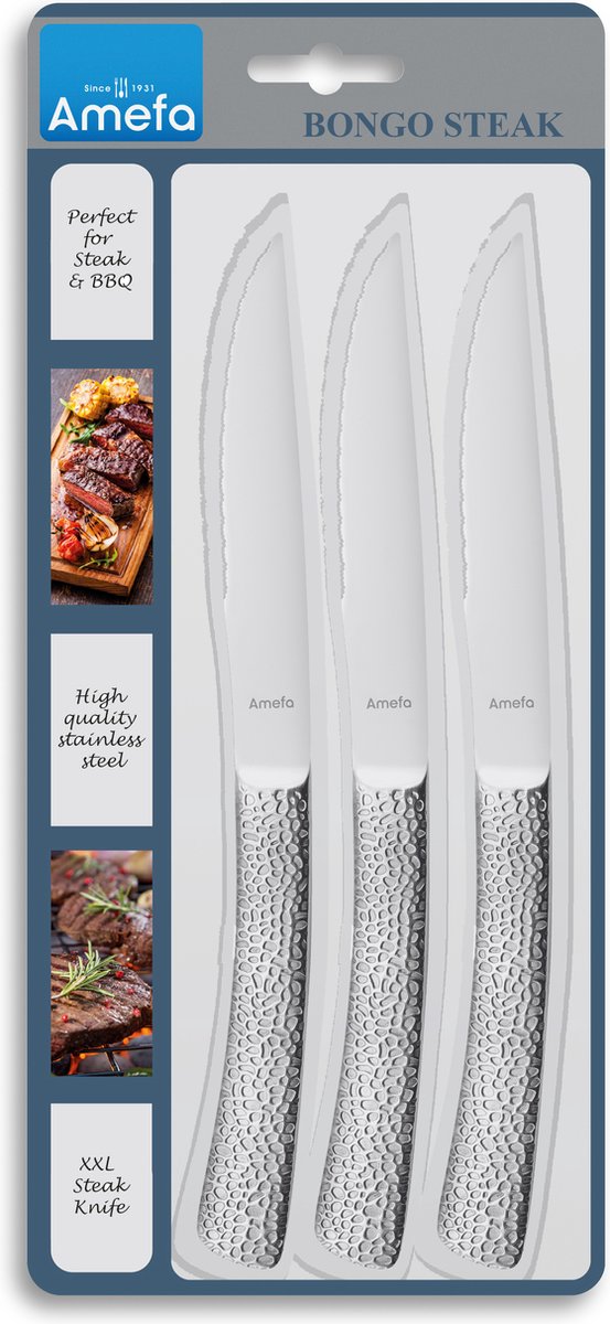 Amefa bongo 3 couteaux à steak xl - acier inoxydable - passe au lave-vaisselle - steak - design martelé brillant