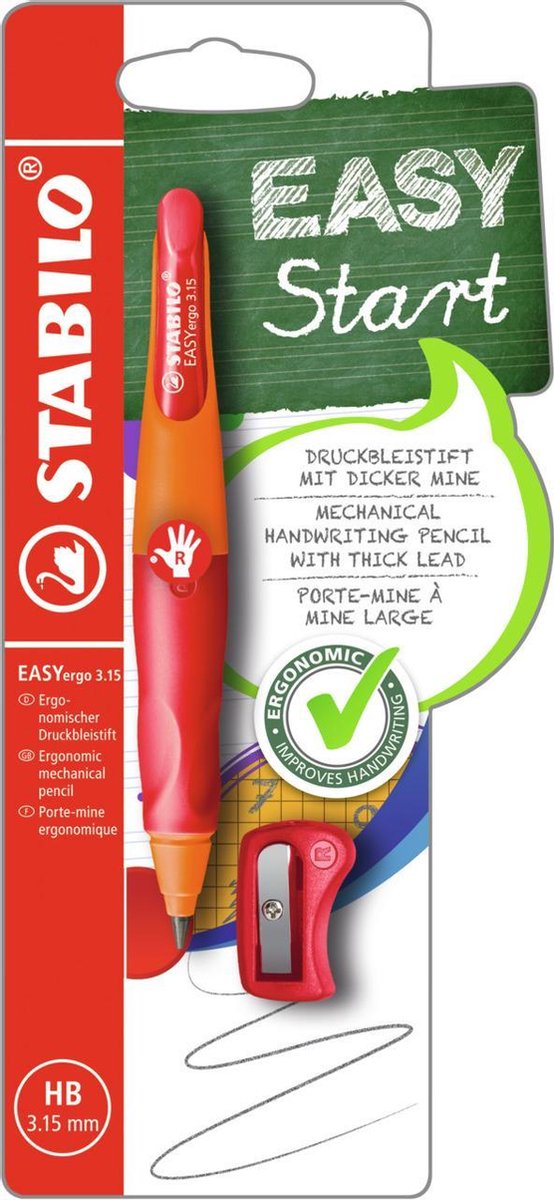 Stabilo easyergo 3.15 - porte-mine ergonomique - droitier - rechargeable - rouge orange - recharge crayon extra épaisse 3,15 mm