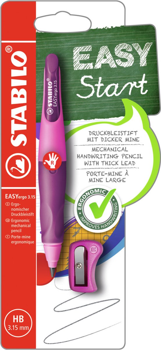 Stabilo easyergo 3.15 - porte-mine ergonomique - droitier - rechargeable - rose lilas - recharge crayon extra épaisse 3,15 mm