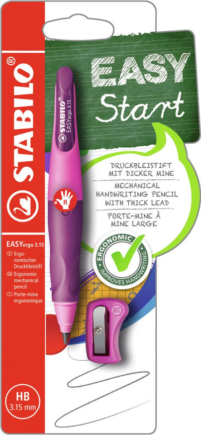 Stabilo easyergo 3.15 - porte-mine ergonomique - droitier - rechargeable - rose lilas - recharge crayon extra épaisse 3,15 mm