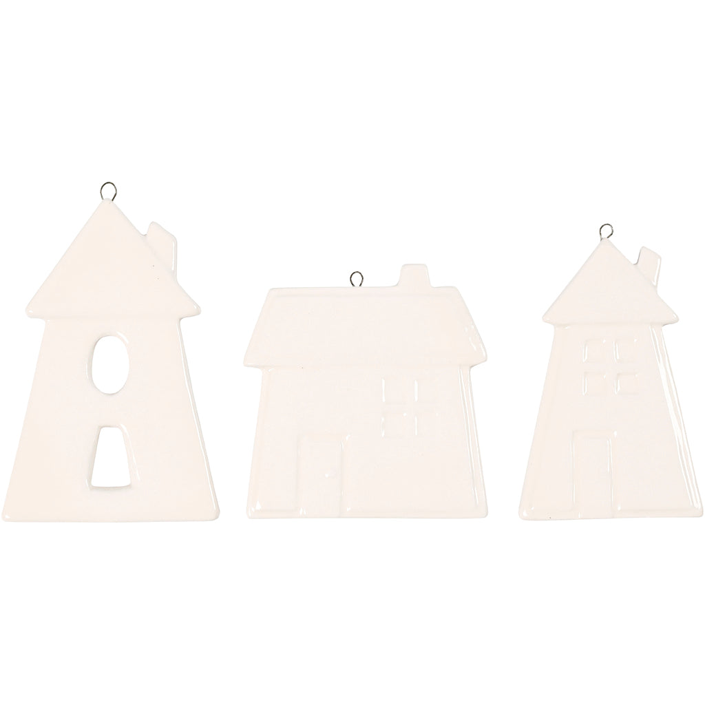 Creativ company décorations à suspendre, maisons, h : 7,6-9,7 cm, blanc, 3 pièces 1 boîte