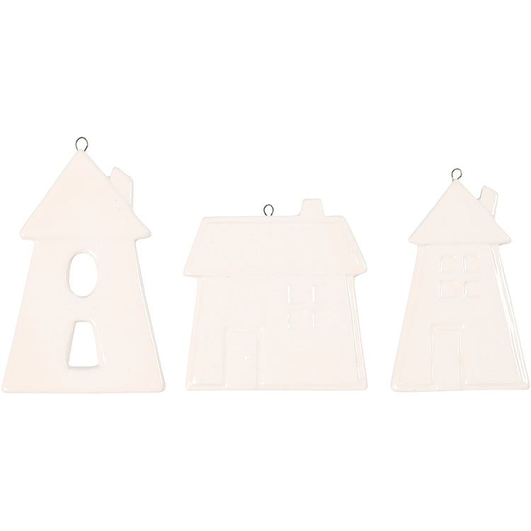 Creativ company décorations à suspendre, maisons, h : 7,6-9,7 cm, blanc, 3 pièces 1 boîte