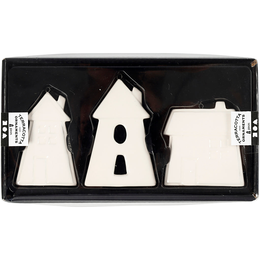 Creativ company décorations à suspendre, maisons, h : 7,6-9,7 cm, blanc, 3 pièces 1 boîte