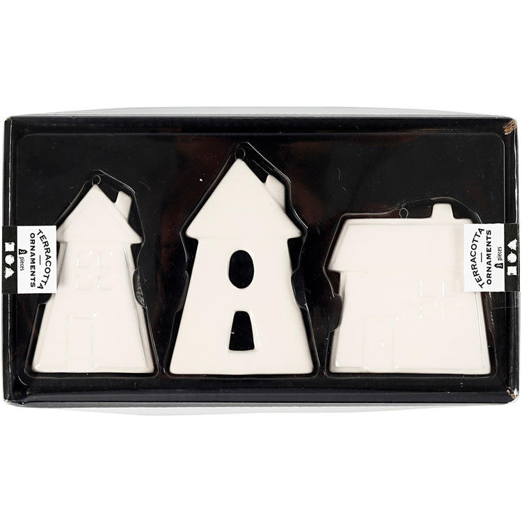 Creativ company décorations à suspendre, maisons, h : 7,6-9,7 cm, blanc, 3 pièces 1 boîte