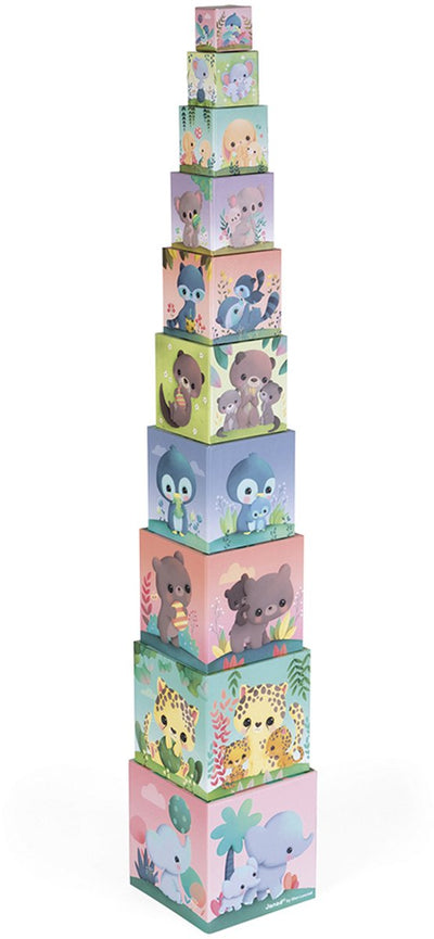 Janod - tour à empiler - animaux mignons - 10 cubes en carton empilables