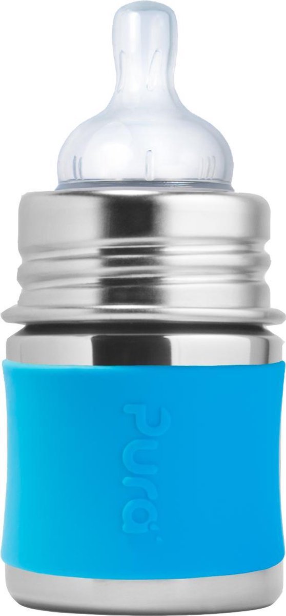 Biberon tétine Pura 150 ml - sans plastique - gourde - prévient les crampes d'estomac - passe au lave-vaisselle - avec tétine en silicone, capuchon de voyage et manchon - le dessus est interchangeable - polyvalent - aqua