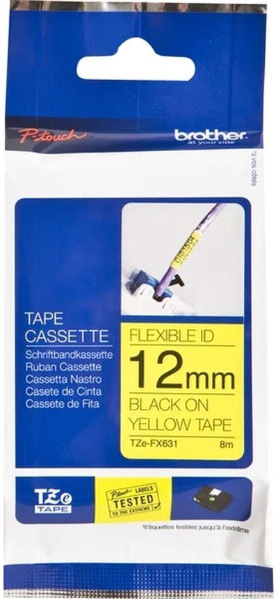 Etiquette imprimante d'étiquettes Brother : tze - fx631 flexible noir sur jaune 12mm x 8 mètres