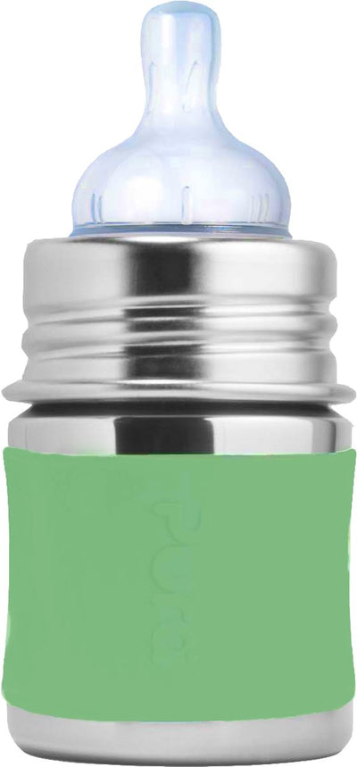 Biberon tétine Pura 150 ml - sans plastique - gourde - prévient les crampes d'estomac - passe au lave-vaisselle - avec tétine en silicone, capuchon de voyage et manchon - le dessus est interchangeable - polyvalent - mousse