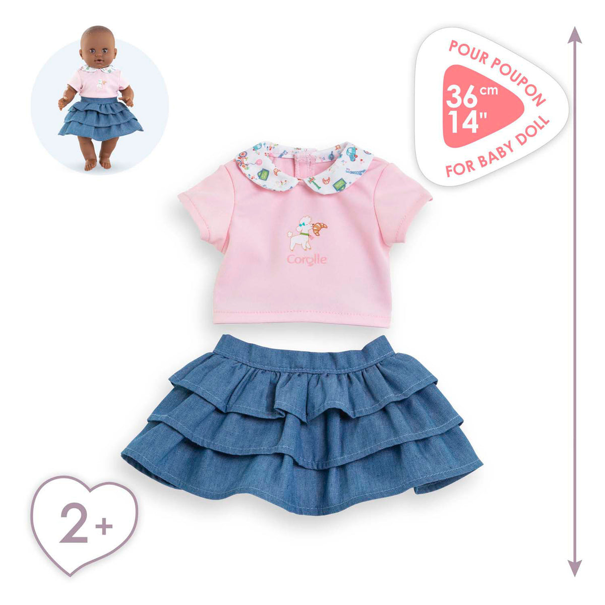 Jupe Corolle avec volants et t-shirt pour bébé poupée, 36 cm.