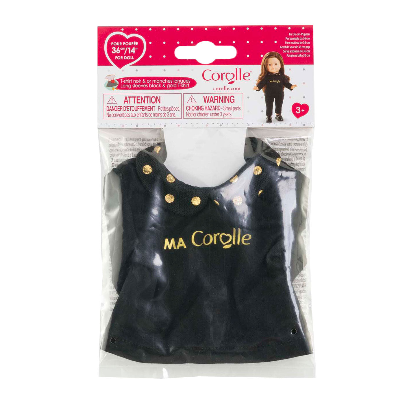 T-shirt Corolle noir et doré pour poupée, 36cm