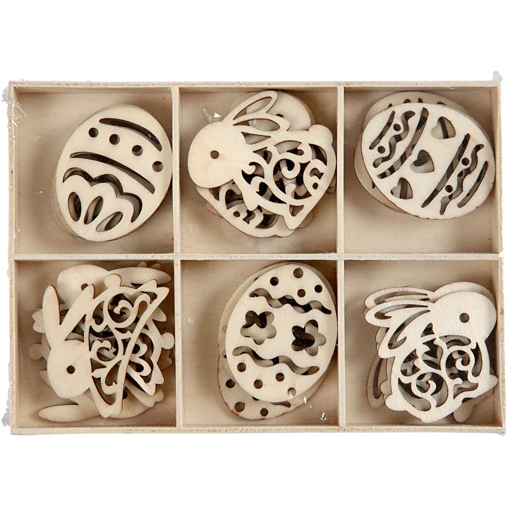Figurines en bois Creativ company, Pâques, h : 40 mm, épaisseur 3 mm, 24 pièces 1 boîte