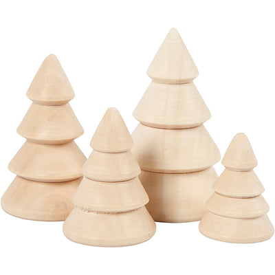 Creativ company Sapins de Noël en bois, h : 3,3+4,3+5,3+6,3 cm, d 2,3+3+3,2+4 cm, 4 pièces 1 boîte