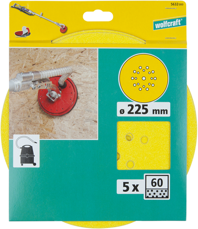 Disques abrasifs adhésifs Wolfcraft | corindon | k60 | ø225mm | 5 pièces - 5632000