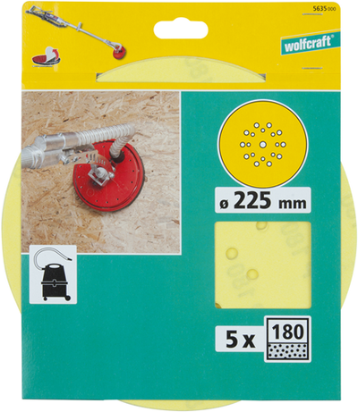 Disques abrasifs adhésifs Wolfcraft | corindon | k180 | ø225mm | 5 pièces - 5635000