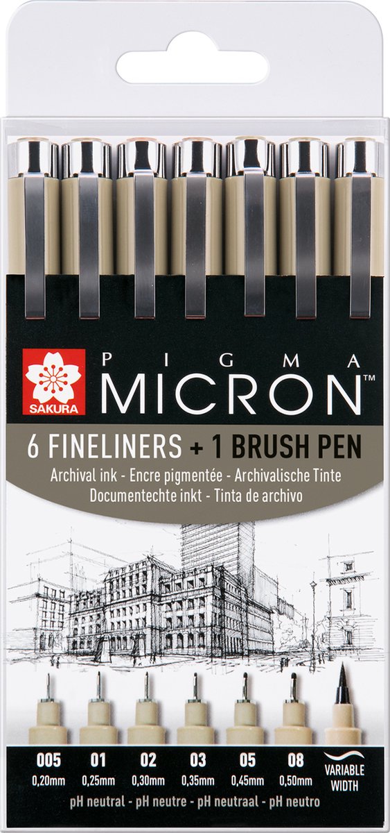 Sakura Pigma Micron Set 6 Fineliners et 1 pinceau Pigma