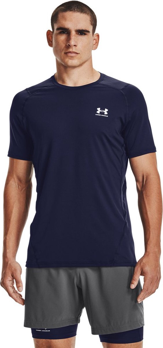 Chemise de sport Under Armour UA HG Armour Fitted SS-Blu pour hommes - Midnight Navy - Blanc