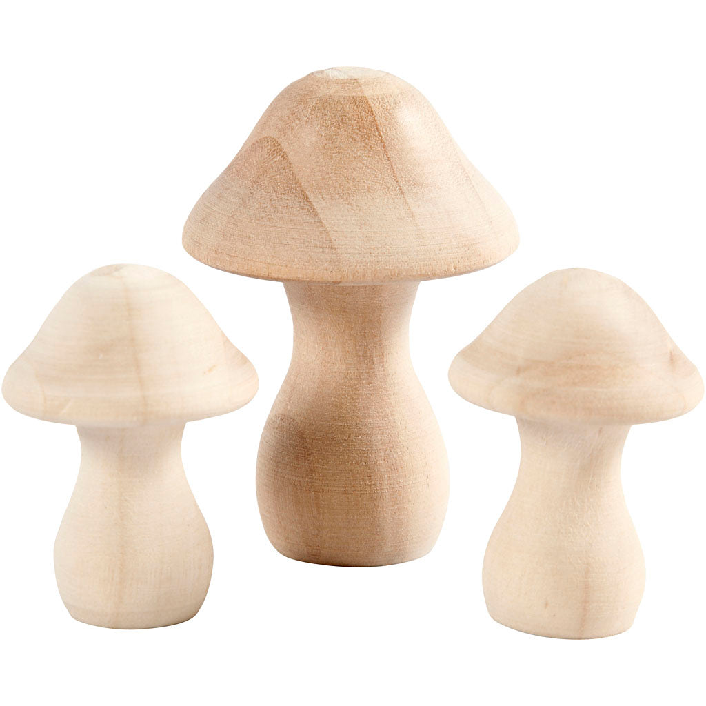 Champignons en bois Creativ company, d 3,3 + 4,5 cm, dimensions 4,5 + 6,5 cm, 3 pièces 1 boîte