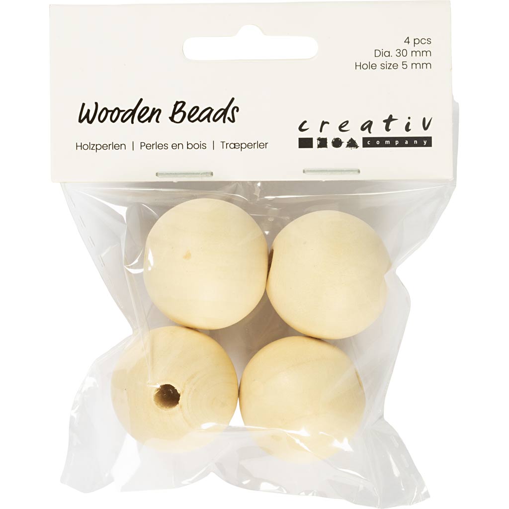 Perle en bois Creativ company, d 30 mm, diamètre du trou 5 mm, 4 pièces 1 boîte