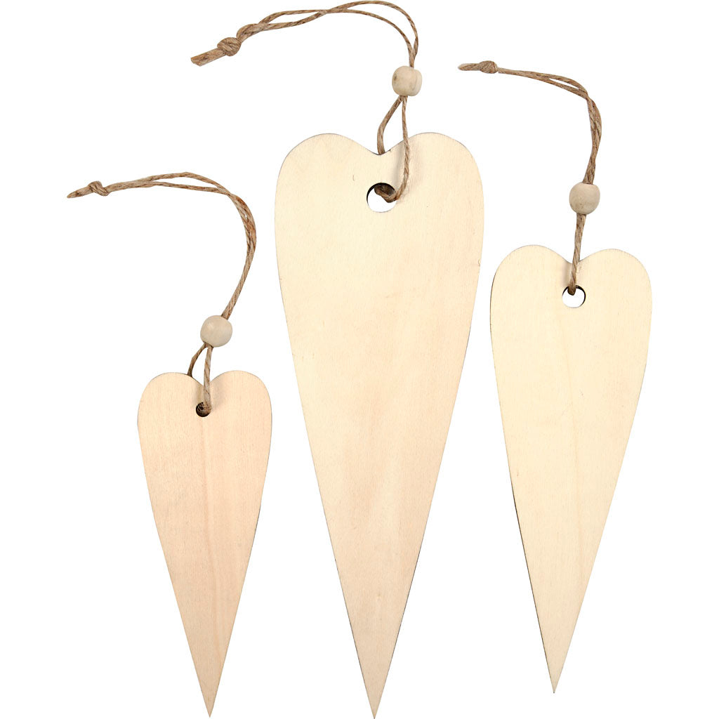 Creativ company décorations en bois, coeur long, h: 12+16+20 cm, épaisseur 5 mm, 3 pièces 1 boîte