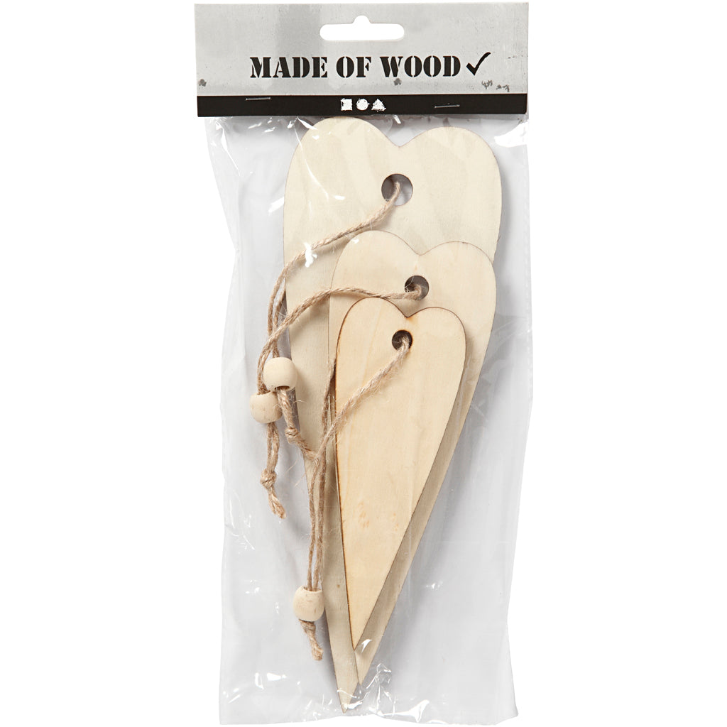 Creativ company décorations en bois, coeur long, h: 12+16+20 cm, épaisseur 5 mm, 3 pièces 1 boîte
