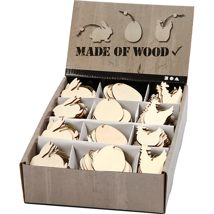 Creativ company Décorations en bois, lapin, œuf, poulet, taille 6 cm, épaisseur 3 mm, 200 pièces 1 boîte