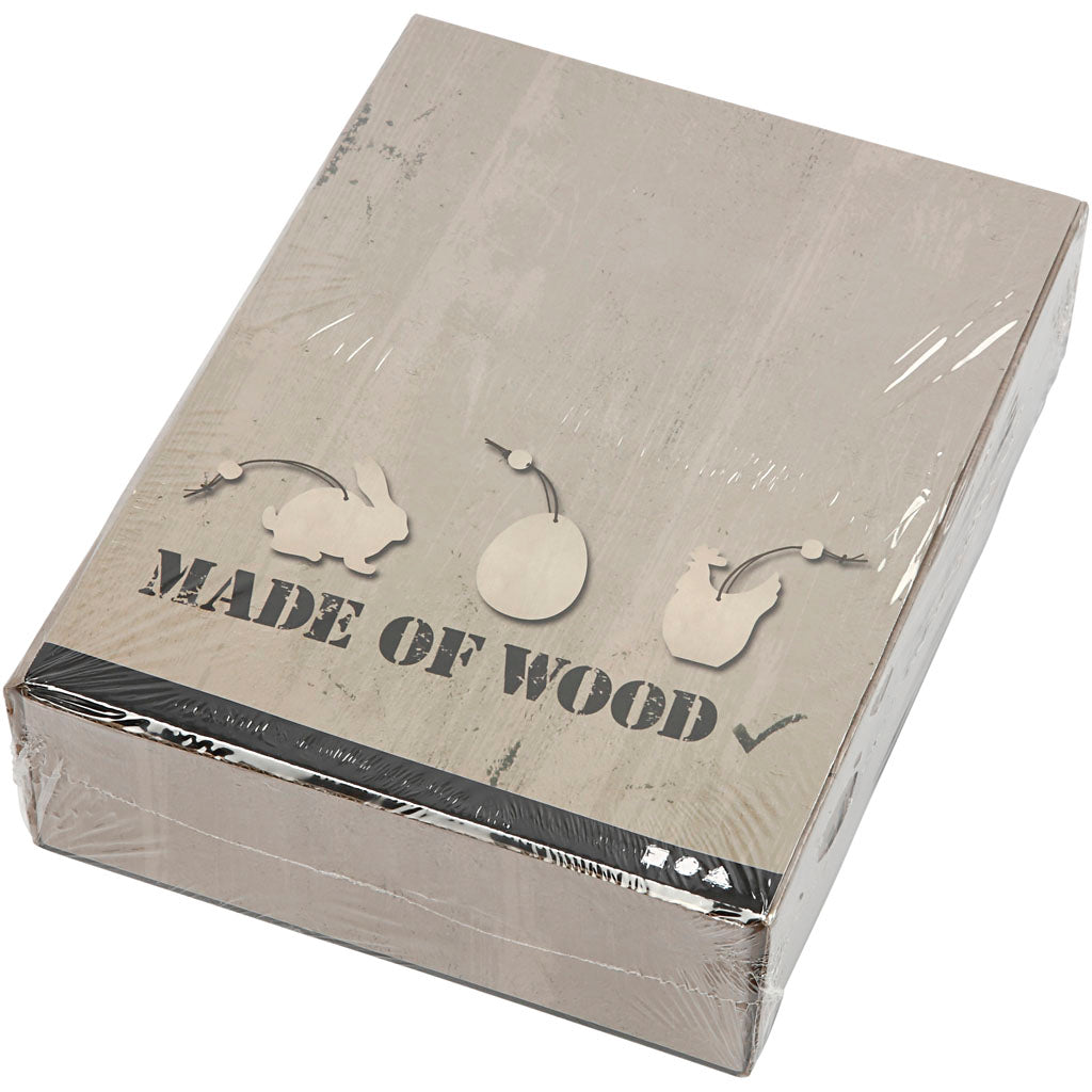 Creativ company Décorations en bois, lapin, œuf, poulet, taille 6 cm, épaisseur 3 mm, 200 pièces 1 boîte