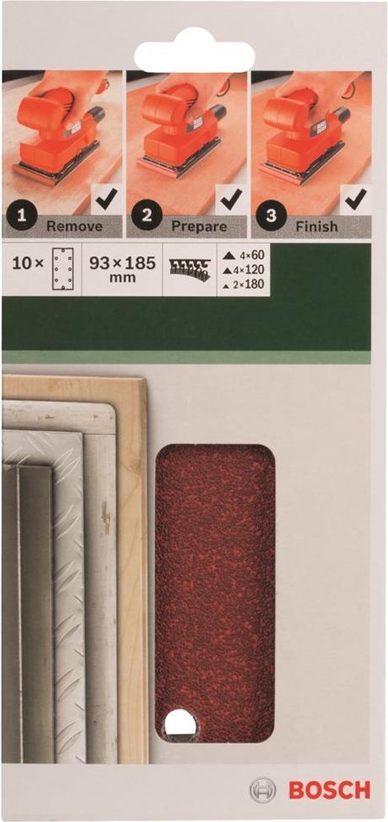 Jeu de 10 feuilles abrasives Bosch pour ponceuses orbitales 93 x 185 mm - grain 60 ; 120 ; 180