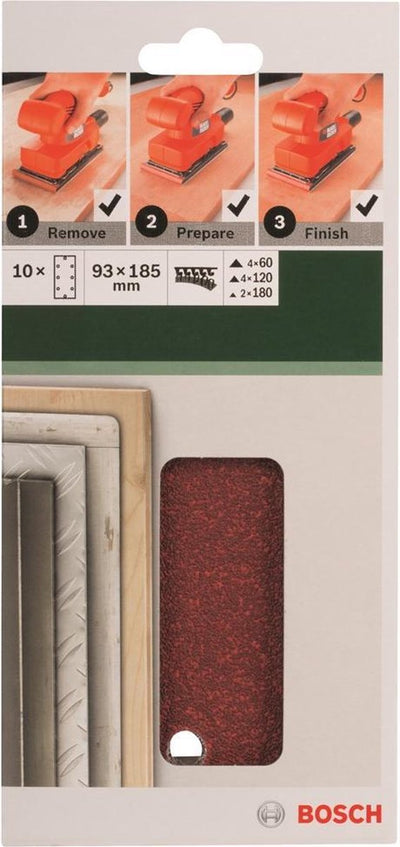 Jeu de 10 feuilles abrasives Bosch pour ponceuses orbitales 93 x 185 mm - grain 60 ; 120 ; 180