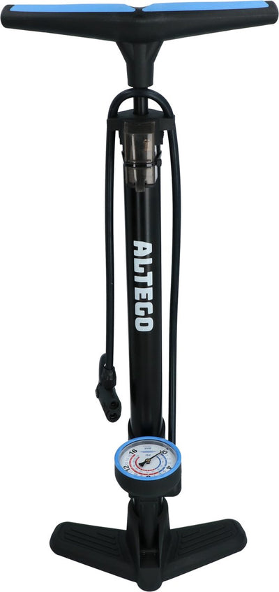 Pompe à vélo Altego + manomètre - 11 bar 160 psi - pompe à pied avec tuyau de pompe 75 cm - pour valves Dunlop, Presta et Schrader - embouts adaptateurs multiples